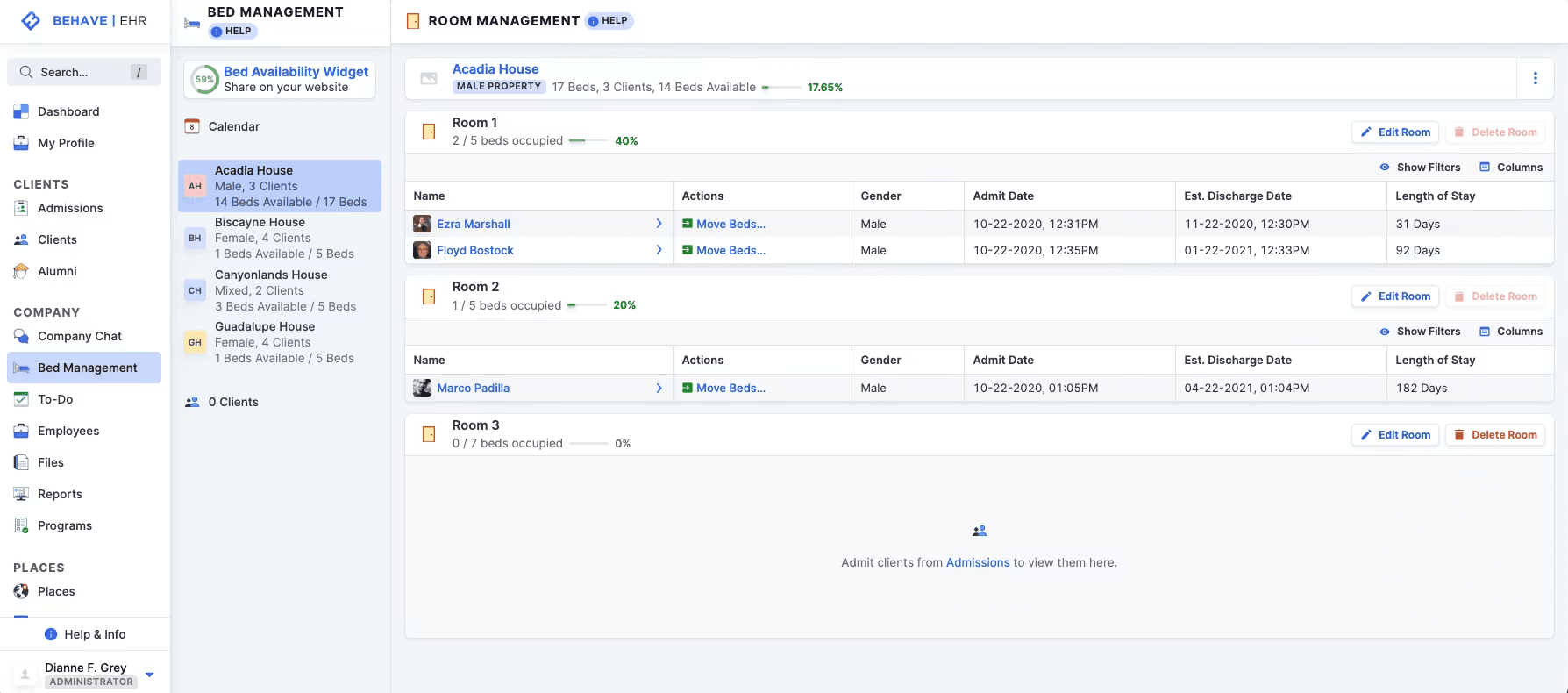Behave EHR Bed Management — Acadia House room management with per-room occupancy bars, client rows, admit and estimated discharge dates, and length of stay