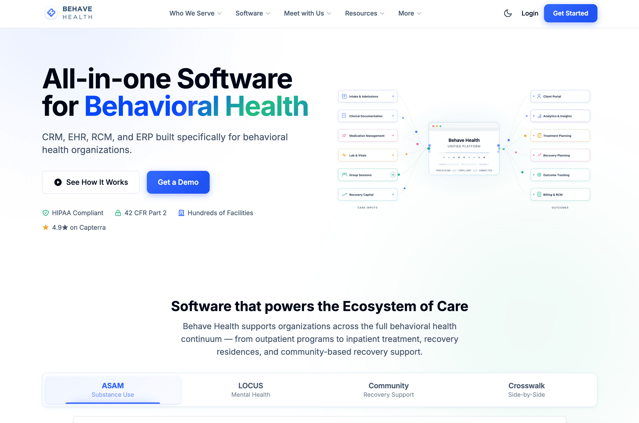 Behave Health landing hero — HIPAA-compliant, 42 CFR Part 2, 4.9★ on Capterra, with a CRM/EHR/RCM/ERP unified-platform diagram