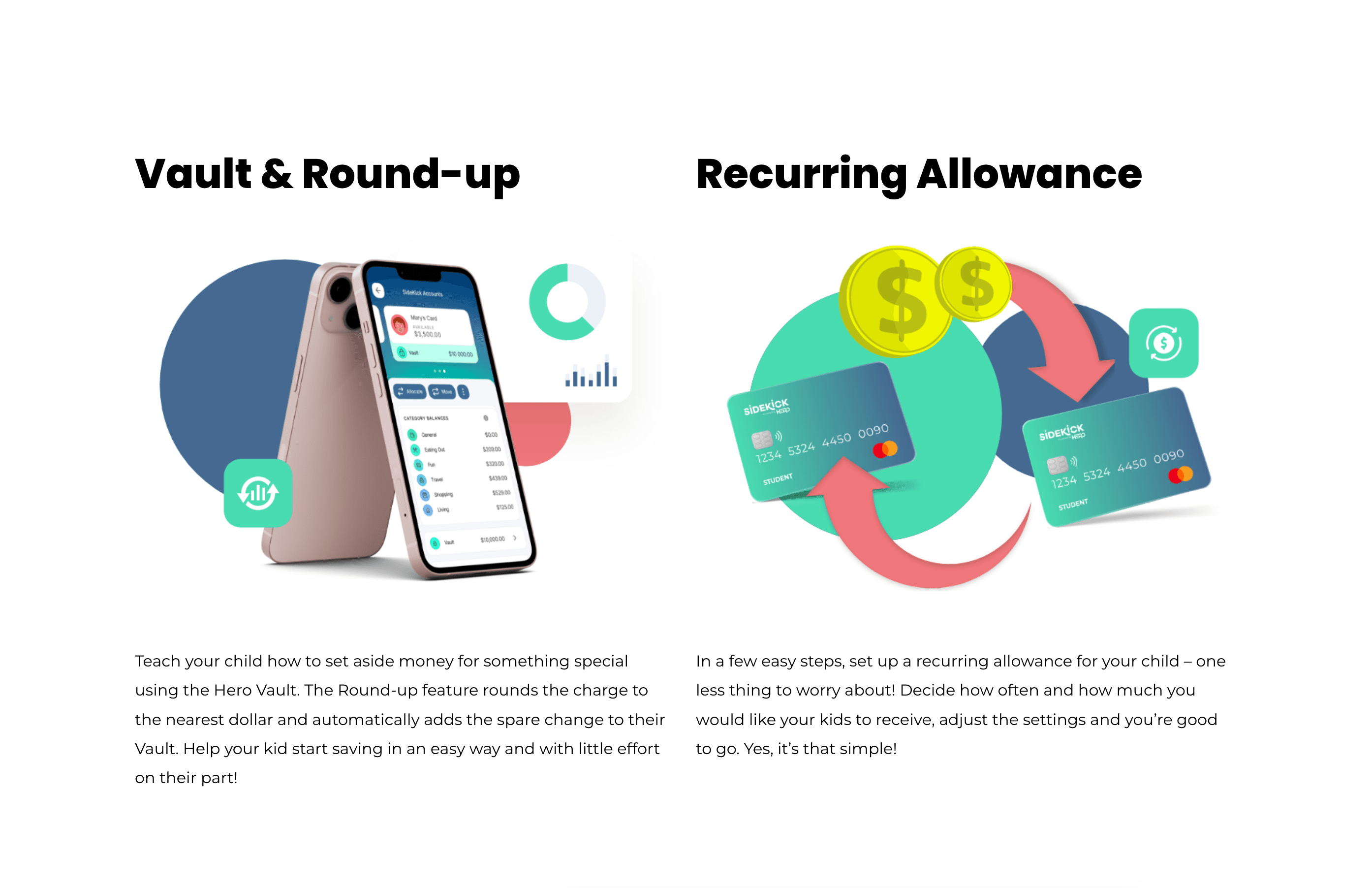 Hero features — Vault & Round-up and Recurring Allowance explainer blocks
