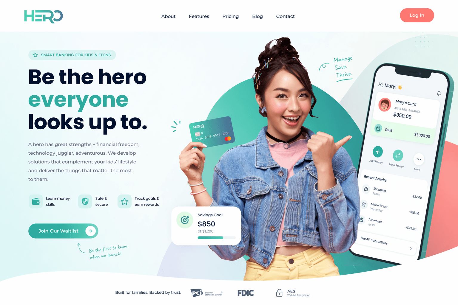 Hero landing hero shot — "Be the hero everyone looks up to." with product photograph and feature chips