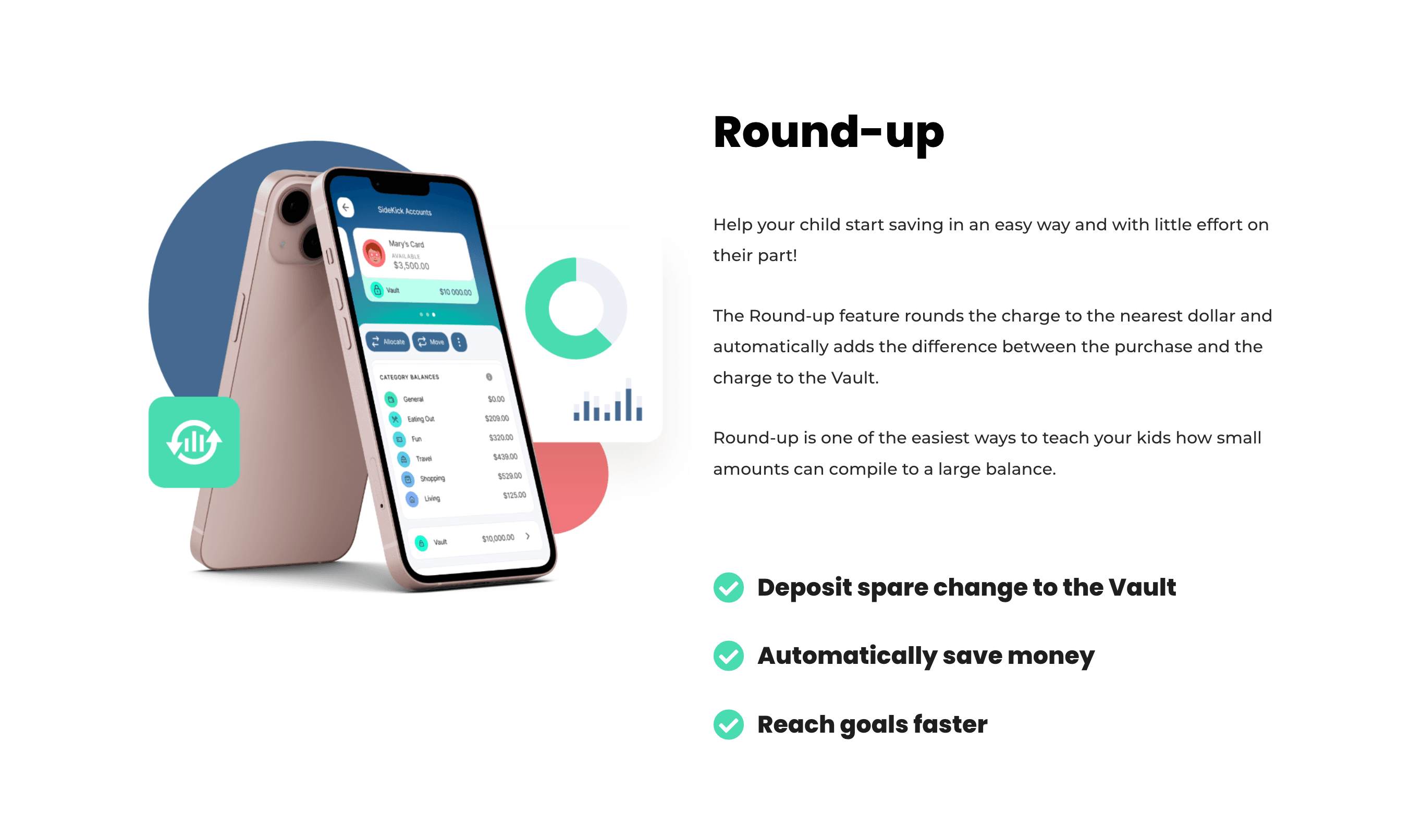 Hero Round-up detail — phone mockup with category balances and feature checklist