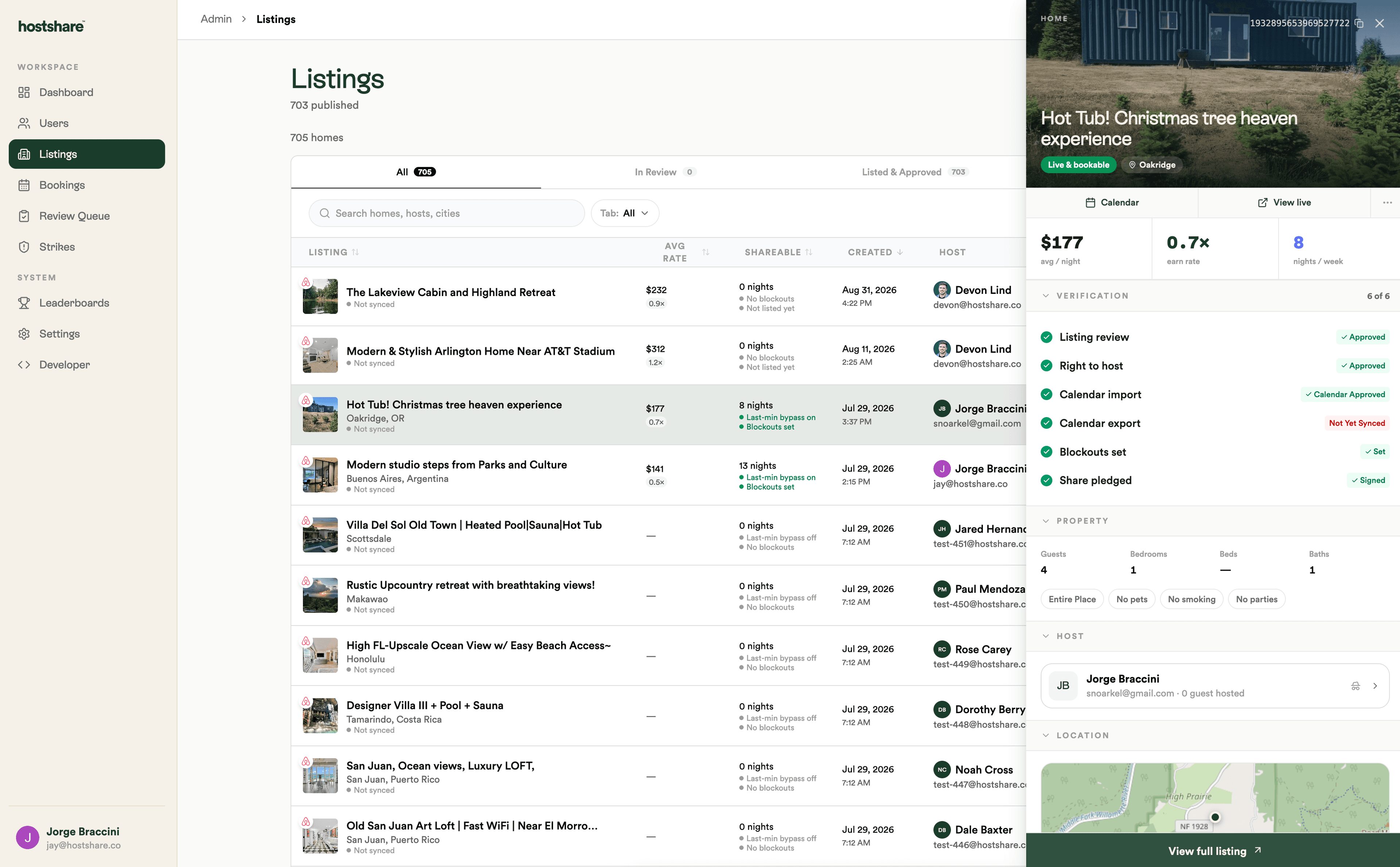 Hostshare admin — internal listings table with verification and per-listing detail drawer