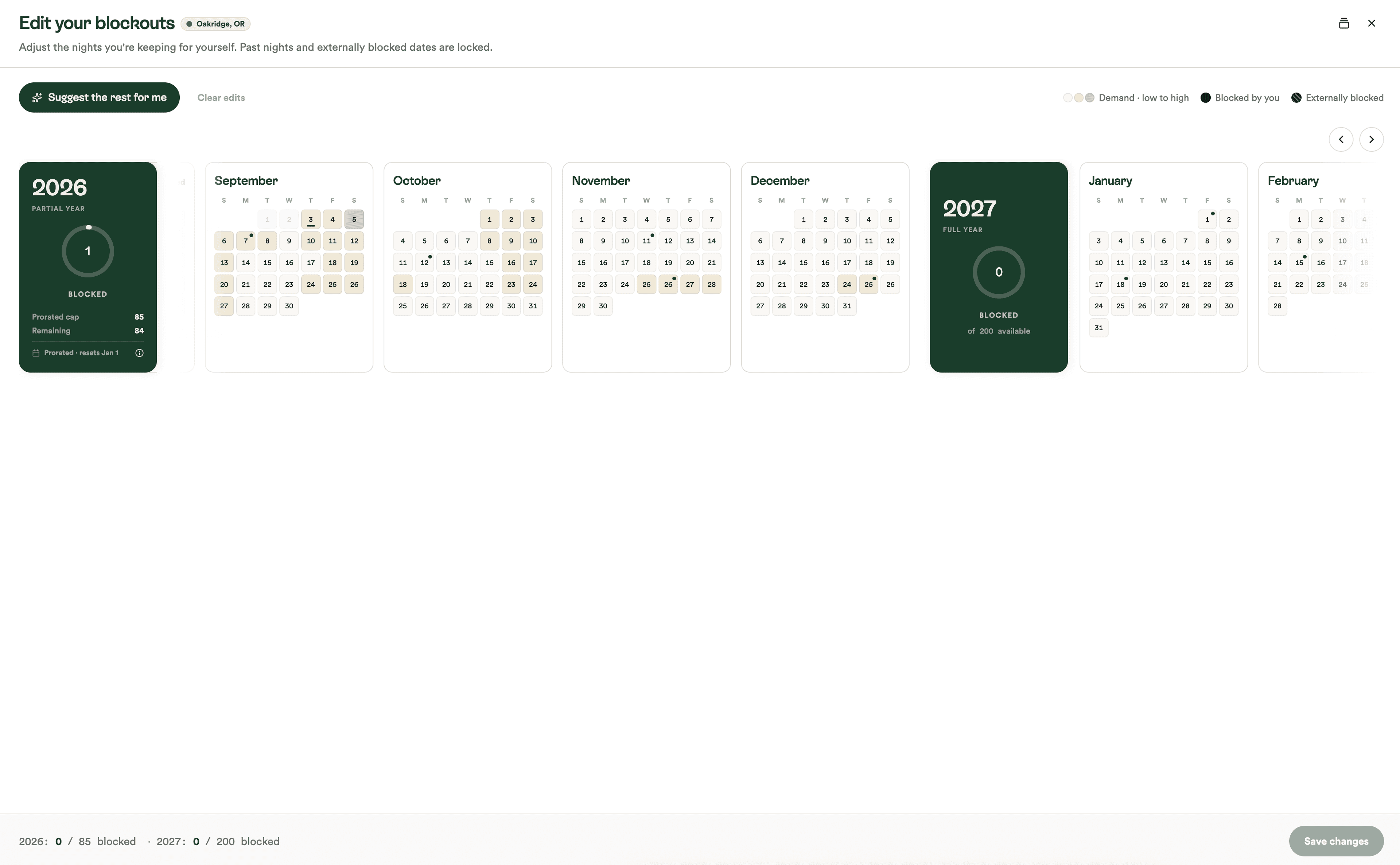 Hostshare blockout editor — per-year calendar of nights kept, with demand shading and prorated caps