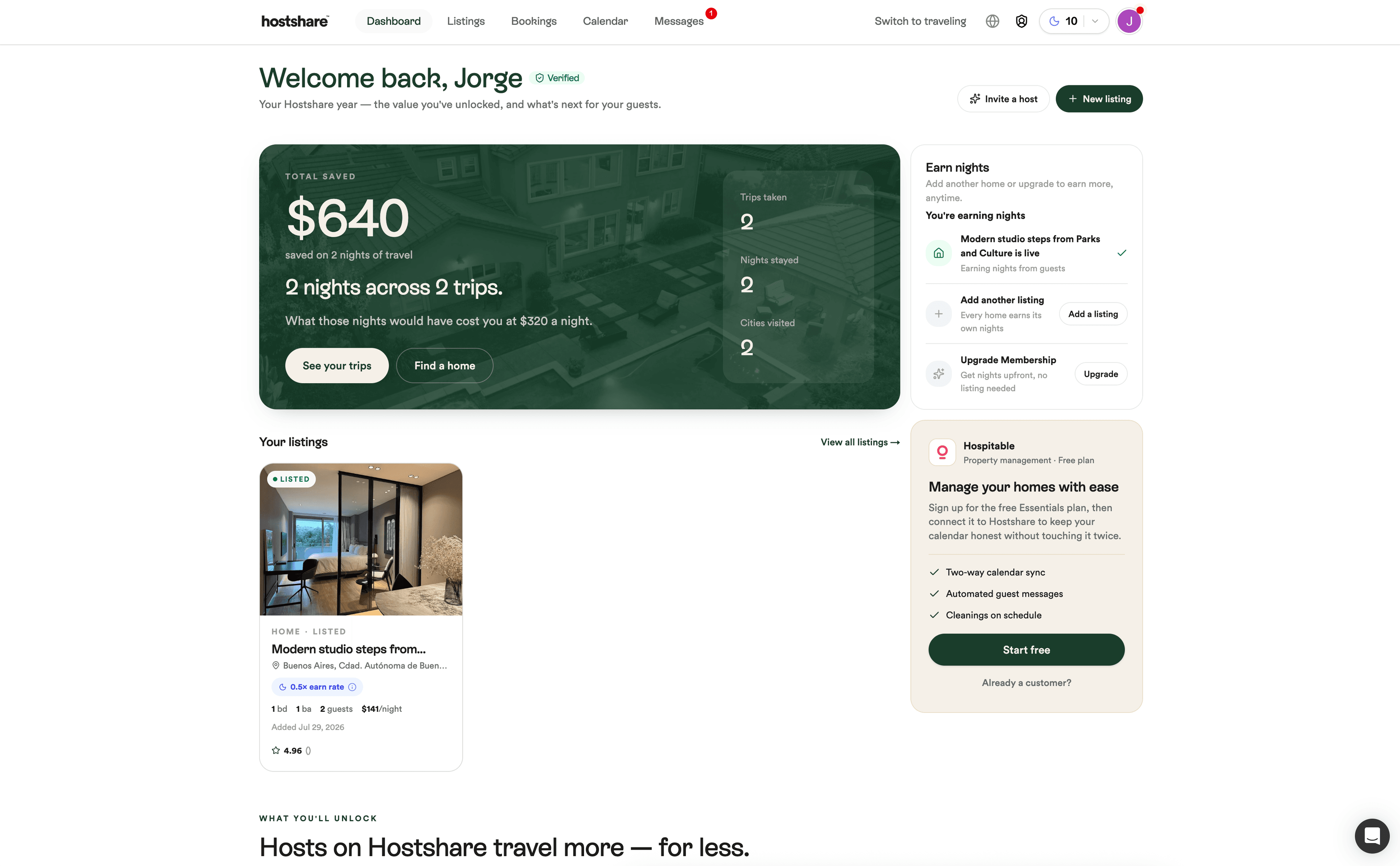 Hostshare host dashboard — total saved, trips, nights stayed, and listing management