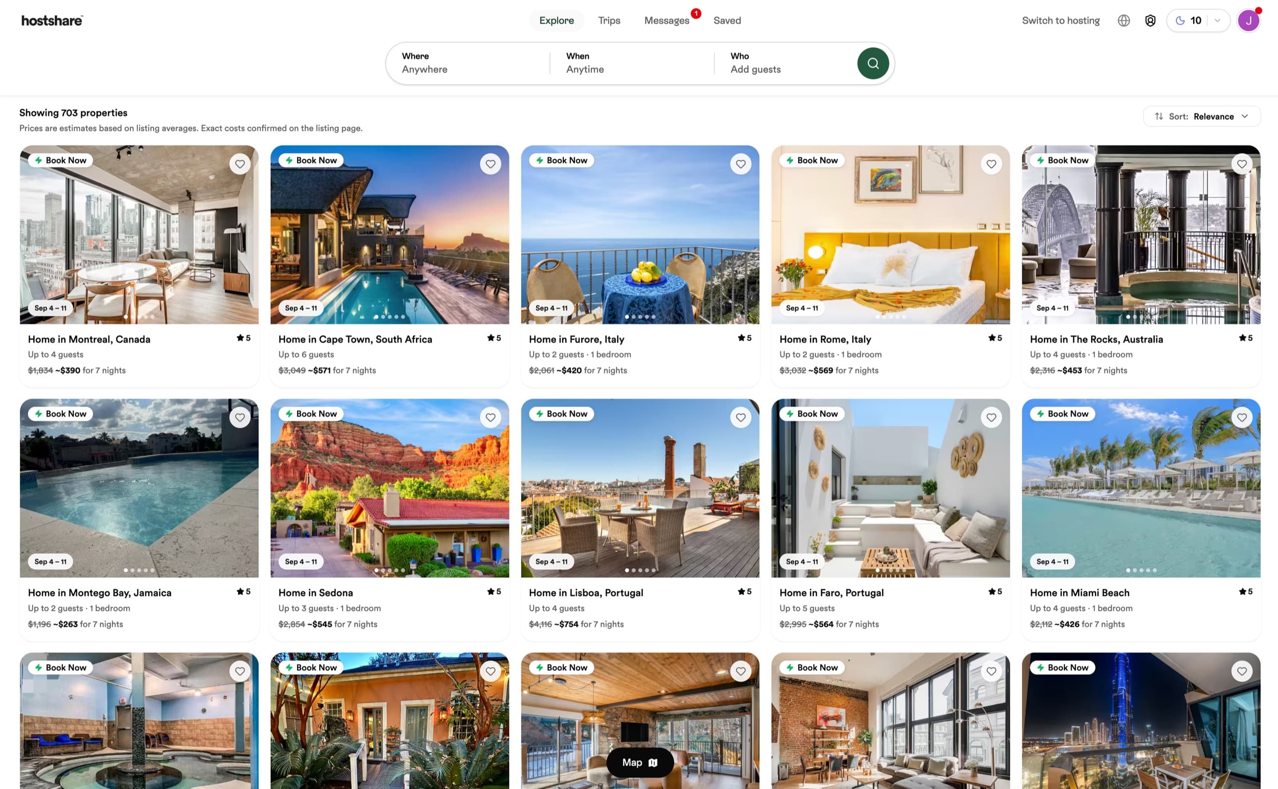 Hostshare explore — searchable property grid of member homes with per-listing pricing and ratings