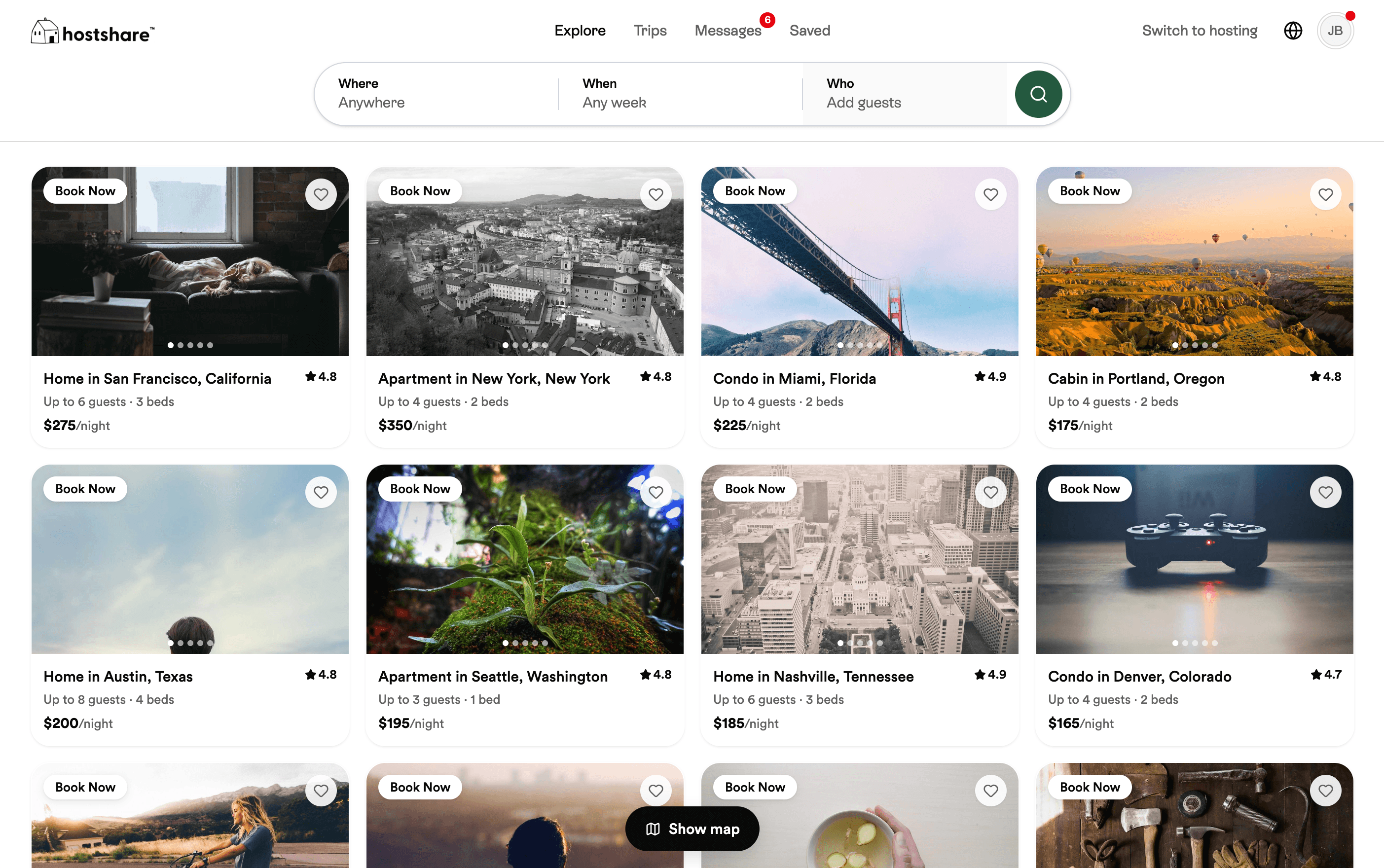 Hostshare explore — searchable property grid with per-listing pricing and ratings
