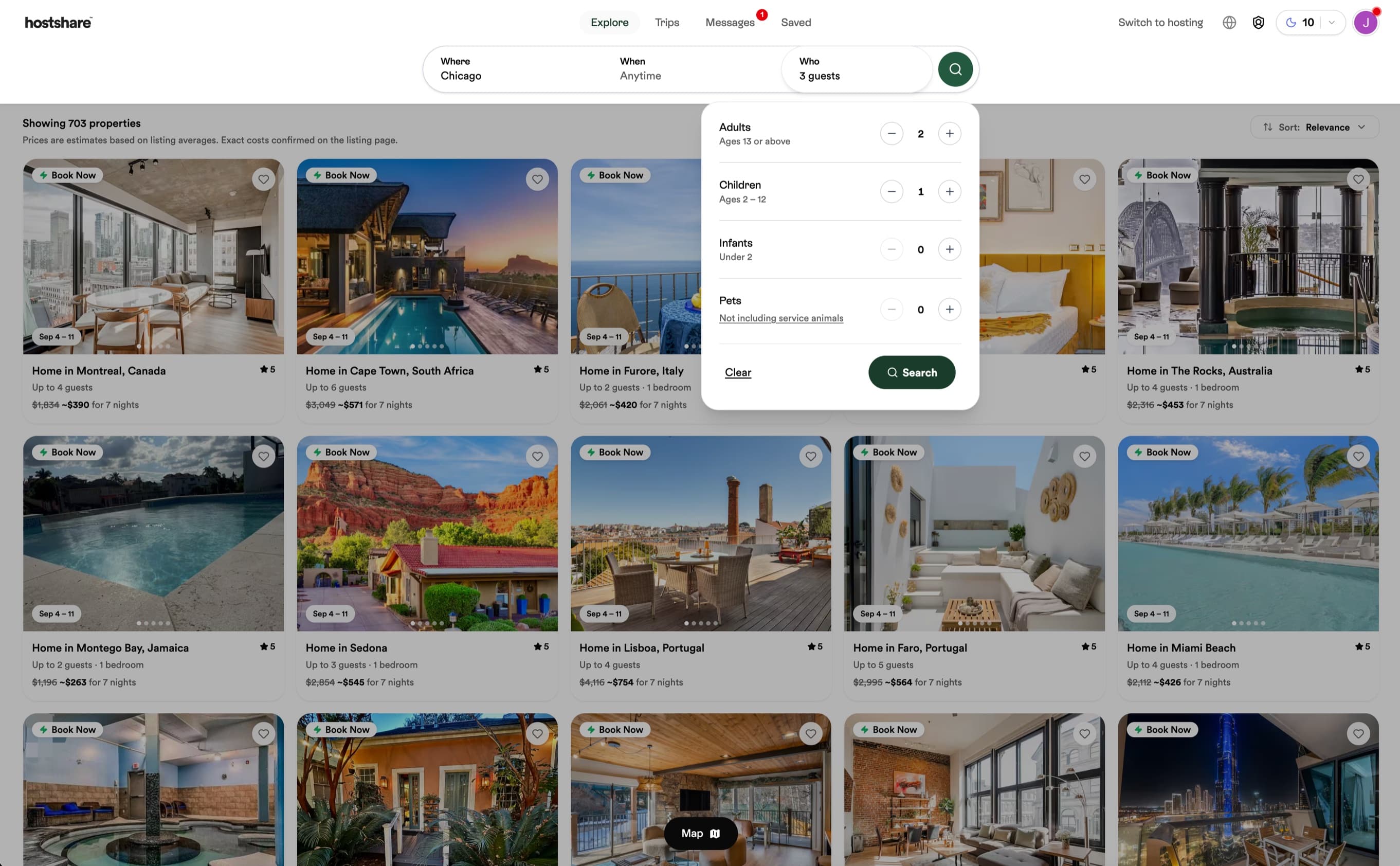 Hostshare search — where/when/who guest picker with adults, children, infants, and pets