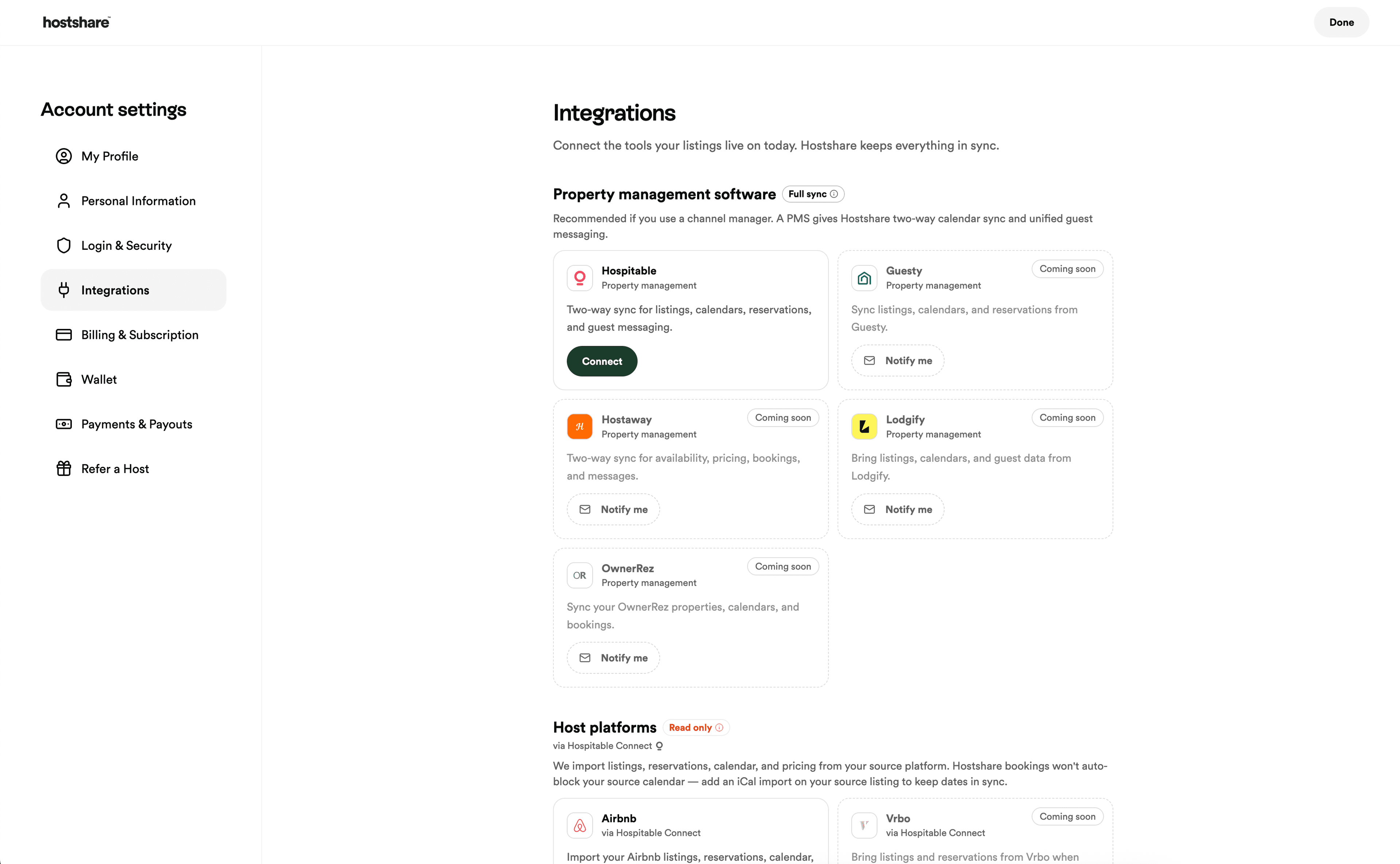 Hostshare integrations settings — connect PMS and host platforms like Hospitable, Guesty, Airbnb