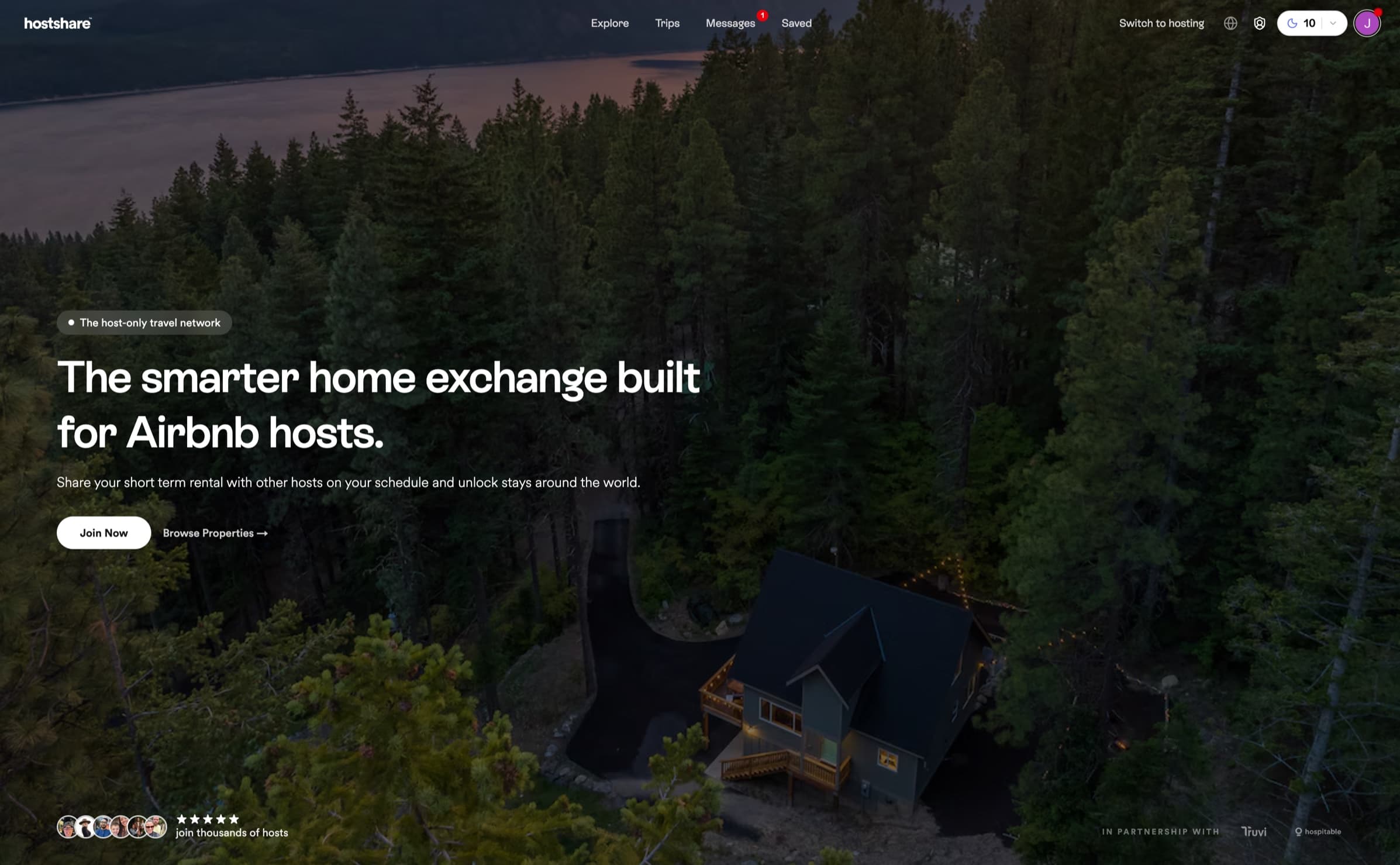 Hostshare marketing landing — "The smarter home exchange built for Airbnb hosts" over a dusk cabin hero