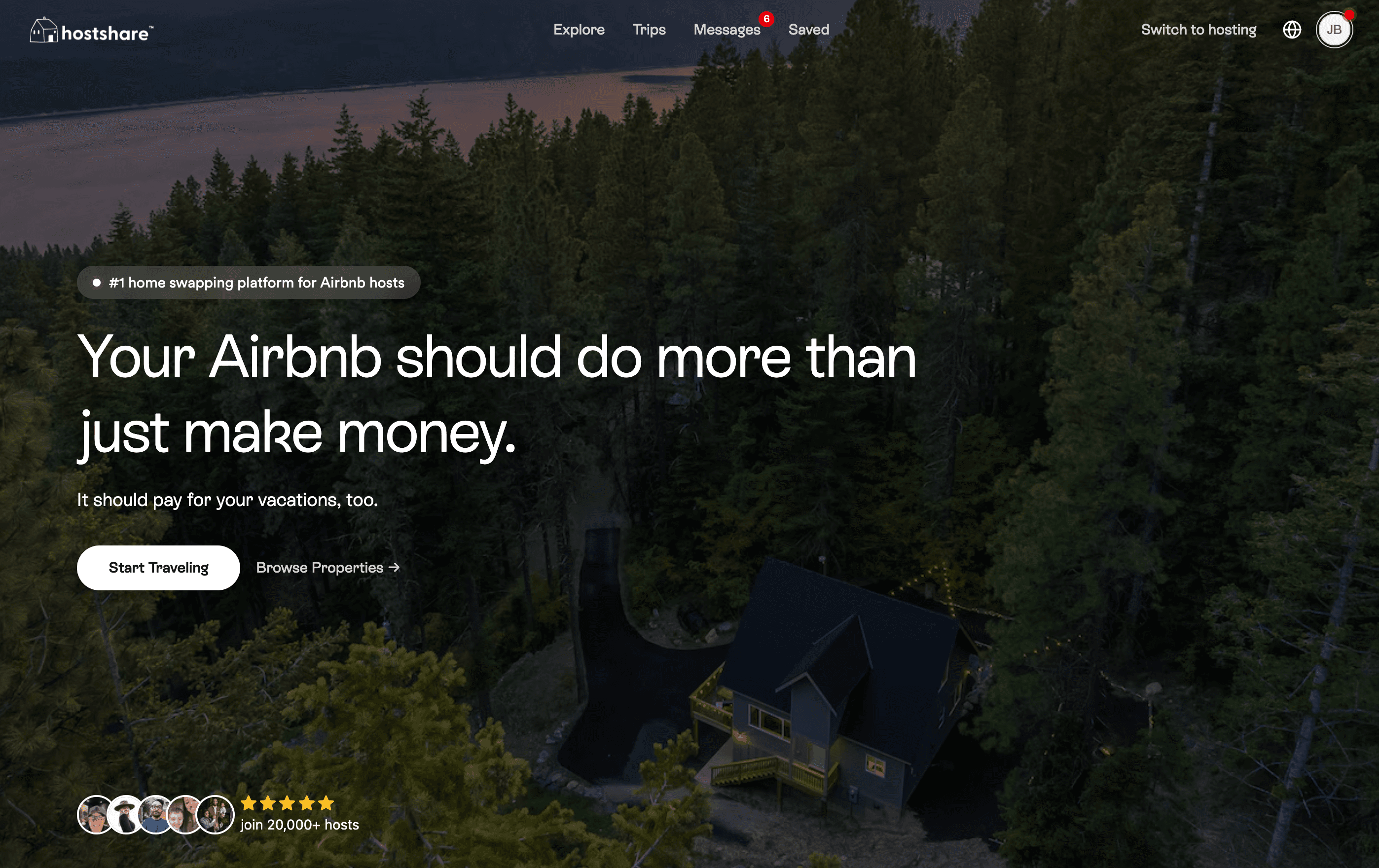 Hostshare marketing landing — "Your Airbnb should do more than just make money" over a dusk cabin hero