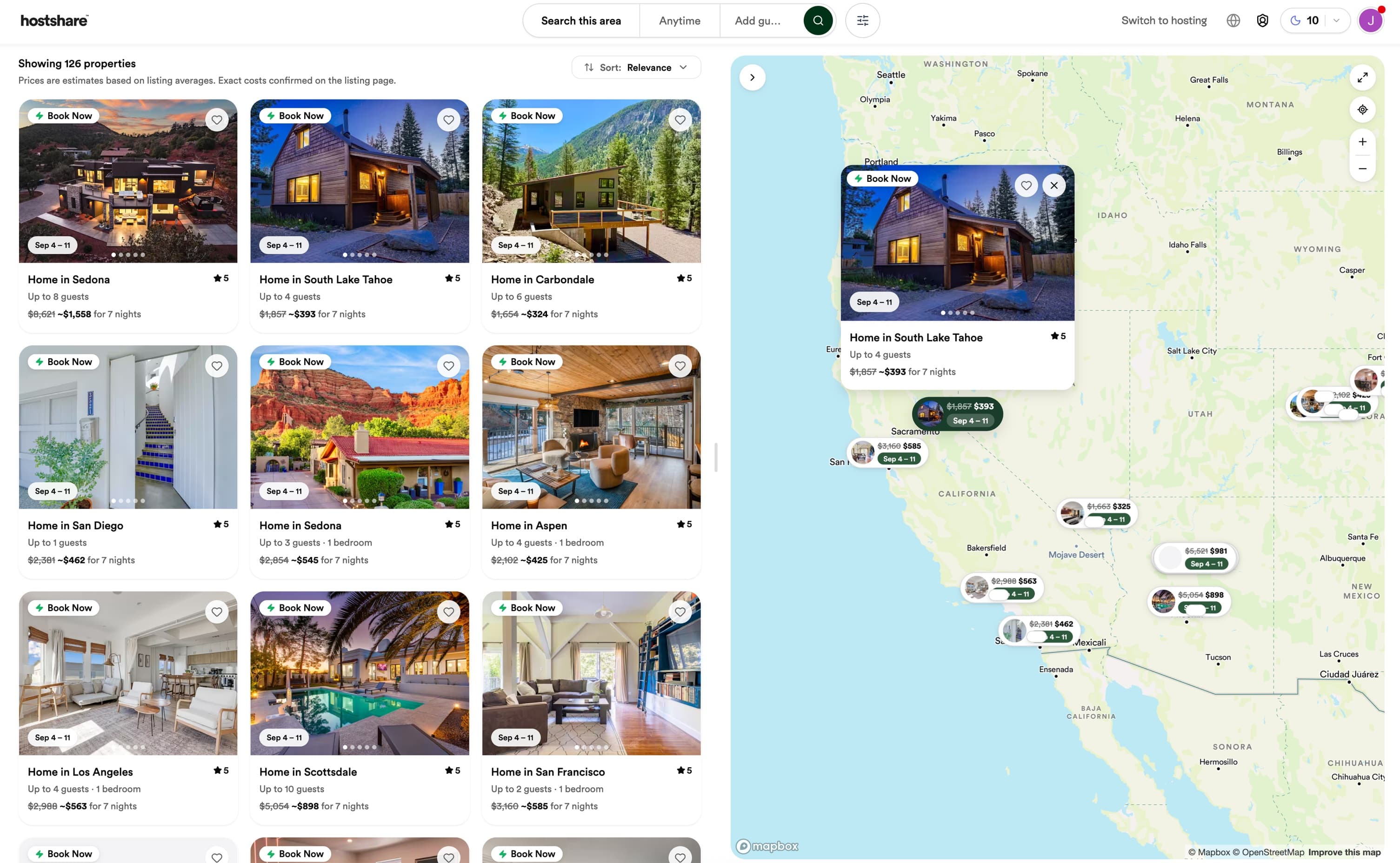 Hostshare explore map — split list-and-map view with price pins across the western US