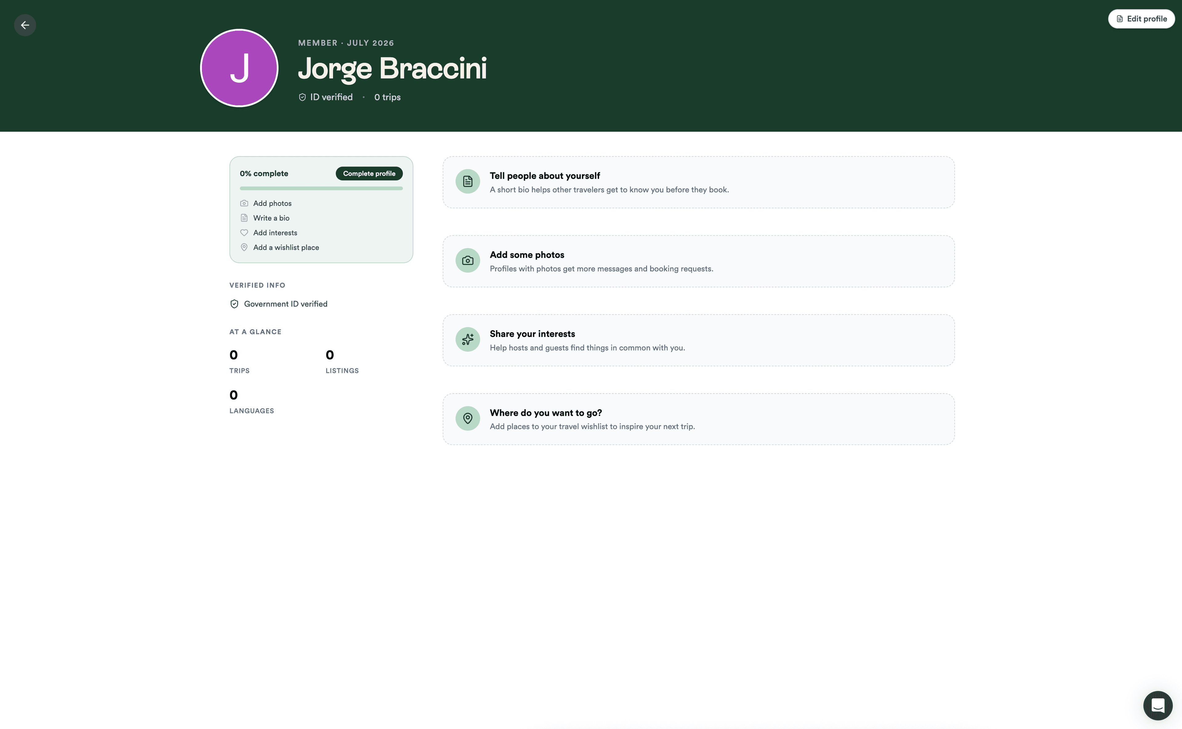Hostshare member profile — verified identity, profile completion, and trip stats