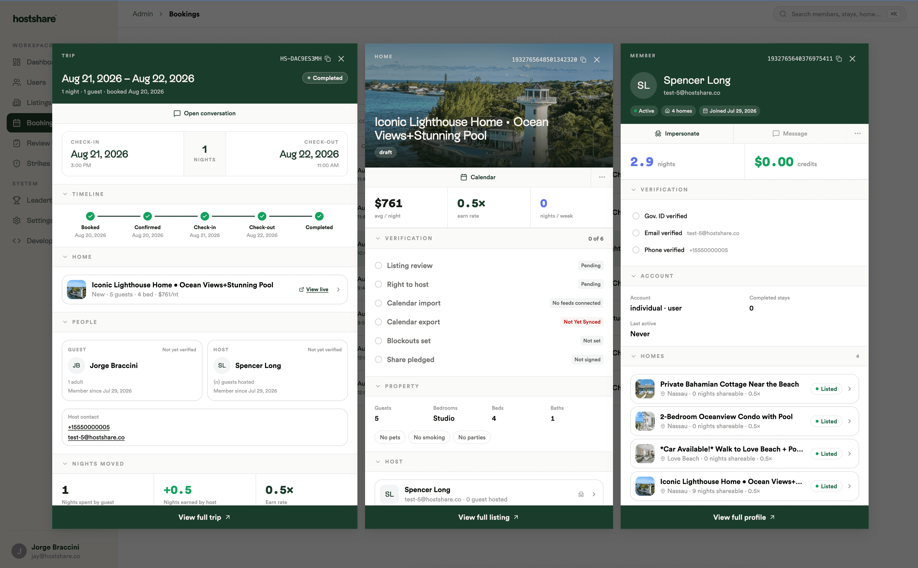 Hostshare admin — stacked trip, listing, and member record drawers opened side by side