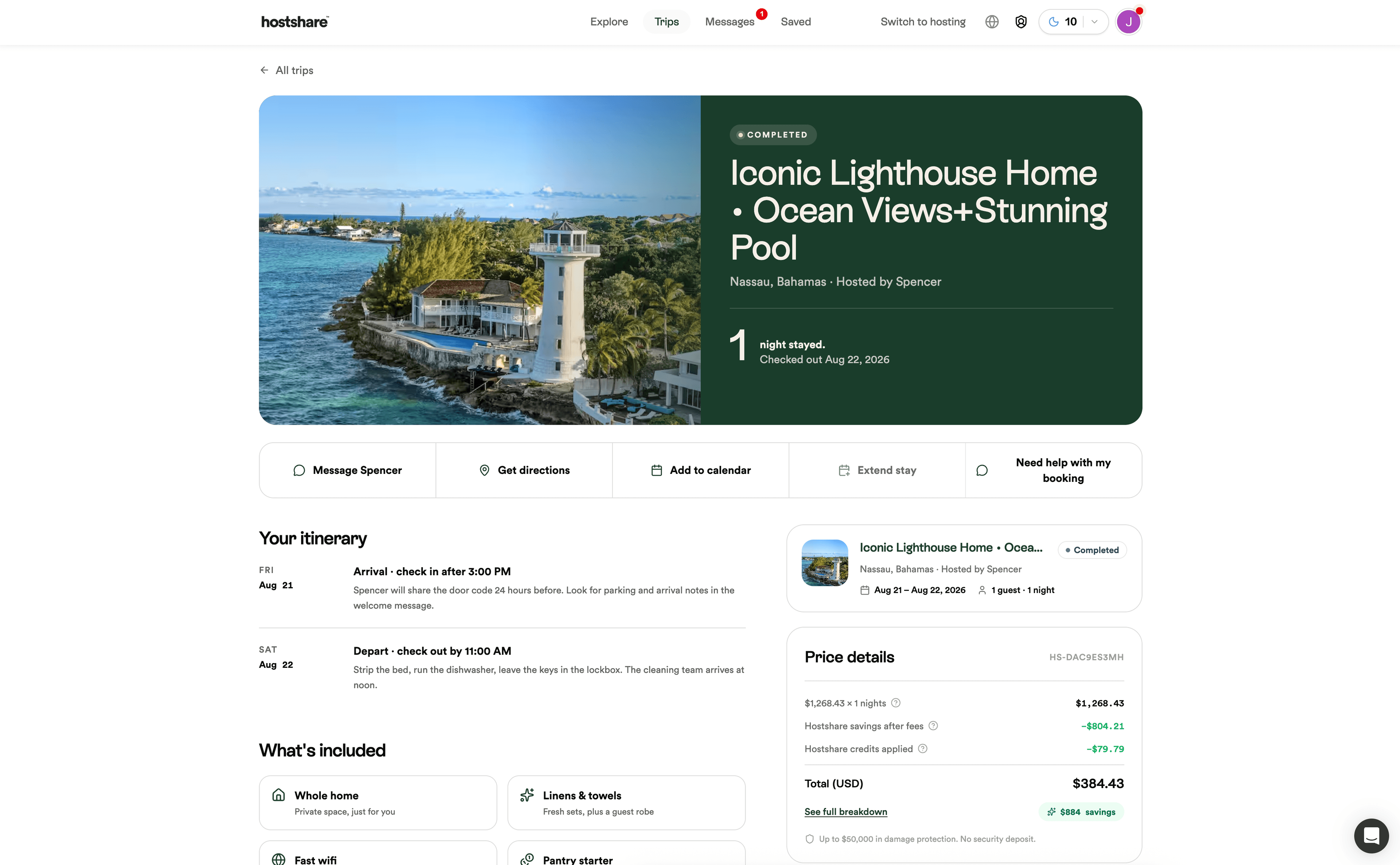 Hostshare trip detail — completed lighthouse-home stay with itinerary and price breakdown