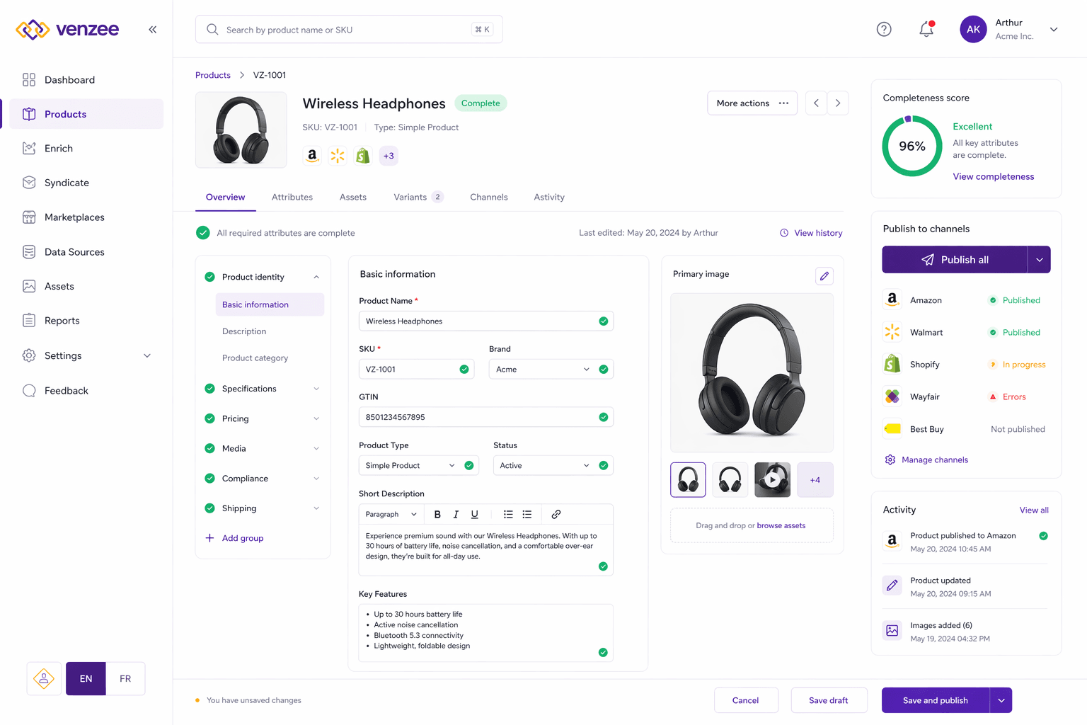 Venzee product detail — SKU VZ-1001 Wireless Headphones with completeness score, publish-to-channels panel, and activity log