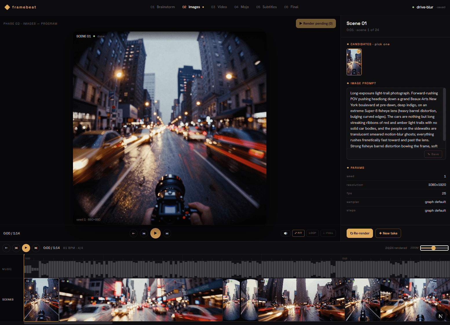 framebeat — Candidates per scene — retake, reprompt, select