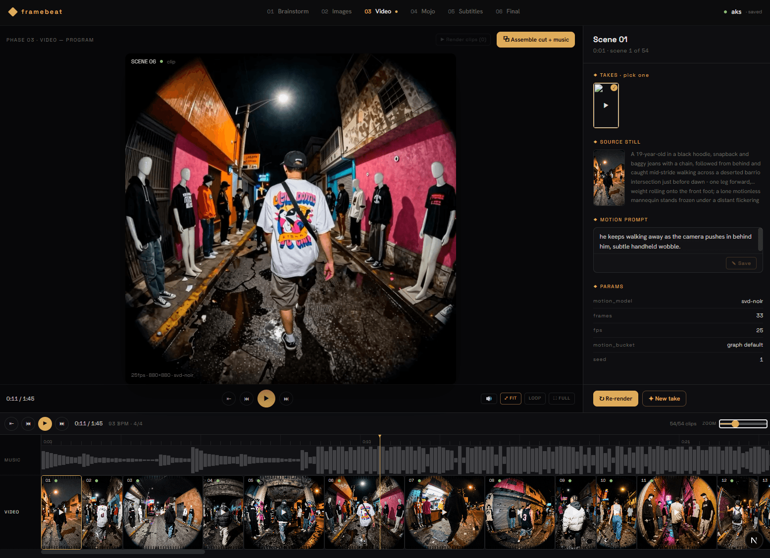 framebeat — Selected stills animate — one motion prompt per clip