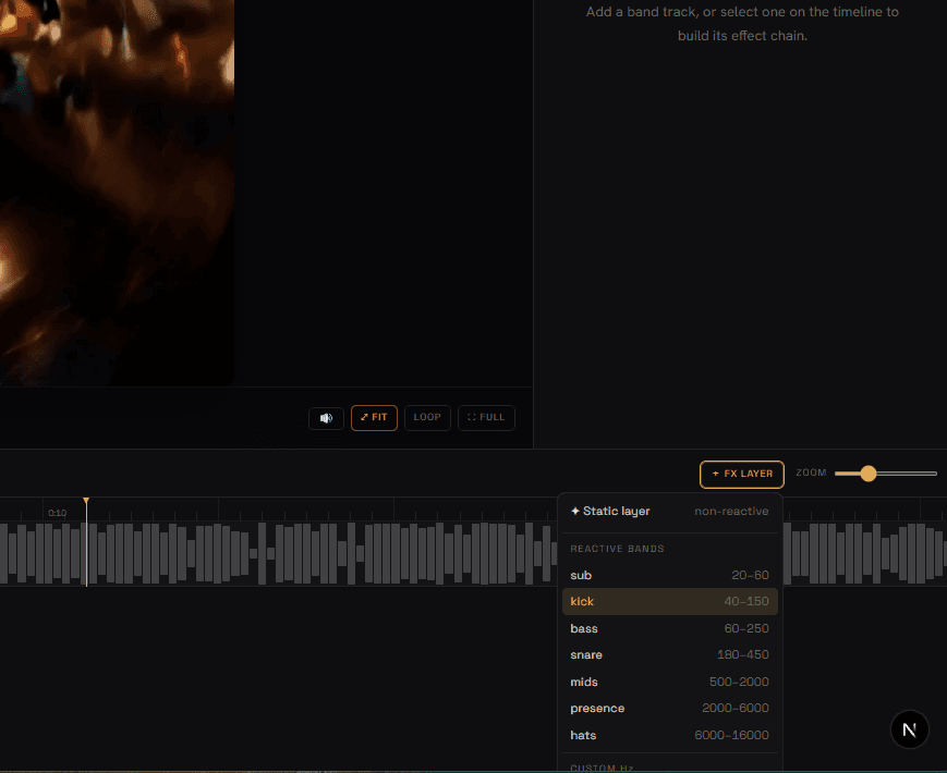 framebeat — Kick, snare, hats — each band drives its own FX