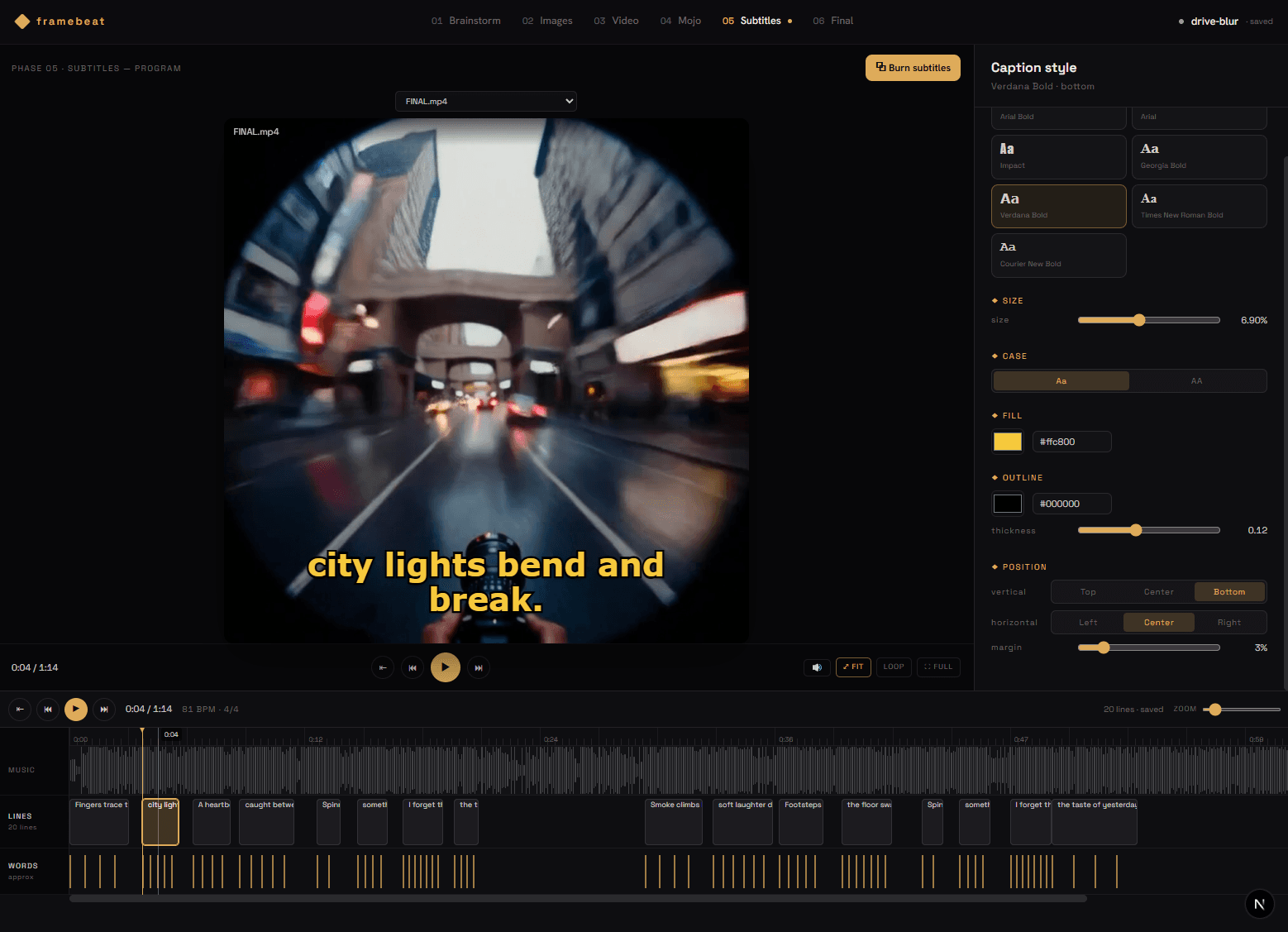framebeat — Caption styling — font, fill, position